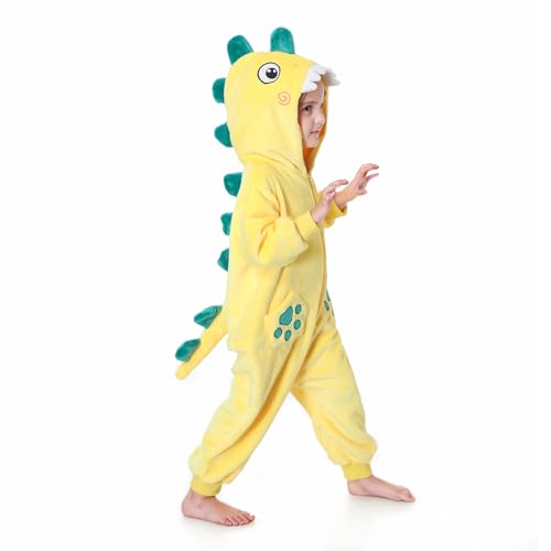 Niceyoeuk Halloween-Kostüm für kleine Mädchen, Dinosaurier-Kostüm, langärmelig, mit Kapuze, Reißverschluss, Overall für Cosplay-Kostüm (Gelb, 130) von Niceyoeuk