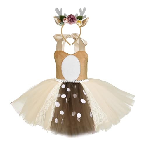 Niceyoeuk Mädchen Tier Cosplay Kostüm Cartoon Rentier Kleid mit Stirnband für Weihnachten Cosplay Party (Braun, 5 Jahre) von Niceyoeuk
