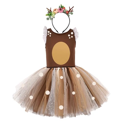 Niceyoeuk Mädchen Tier Cosplay Kostüm Cartoon Rentier Kleid mit Stirnband für Weihnachten Cosplay Party (Rock + Stirnband, 4 Jahre) von Niceyoeuk