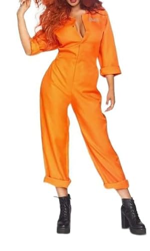 Niceyoeuk Orange Prisoner Costume Women Escaped Jail Jumpsuit Men Inmate Uniform Adults Halloween Roleplay Party Outfits (Women Orange, XL) von Niceyoeuk
