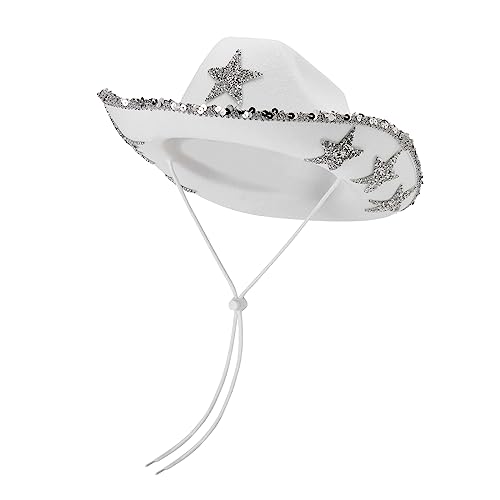 Niceyoeuk Westernhut für Damen, Cowboyhut, Pailletten, Sterne, Cowgirl, Partyhut für Hochzeit, Karneval, Rave, Maskerade, Reisekostüm, Zubehör (Weiß Silber, Einheitsgröße) von Niceyoeuk