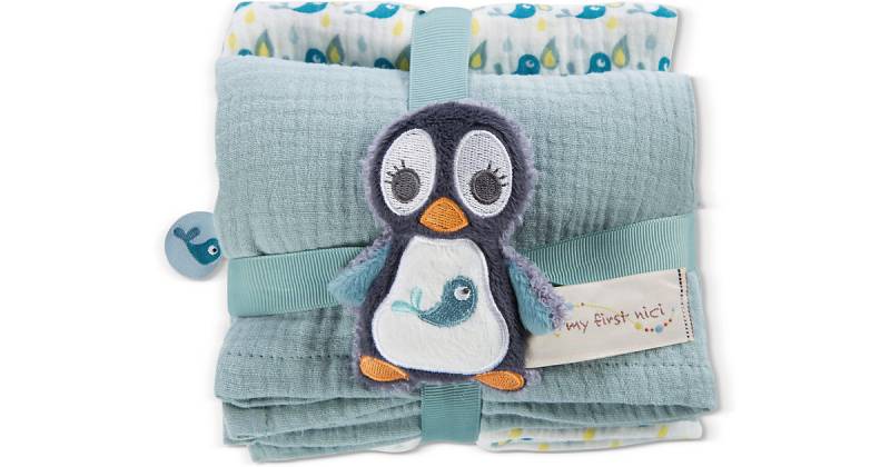 Mulltuch 2er-Set 60x60 cm mit Greifling Pinguin Watschili (48048) türkis-kombi von Nici