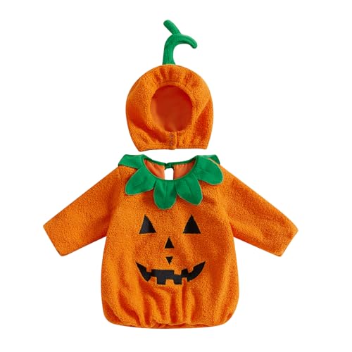 Nicoxijia Baby-Kürbis-Halloween-Kostüm, Body-Strampler, Oberteil mit Hut, lustiger Overall, Halloween, Cosplay, Kleidung (Orange, 2–3T) von Nicoxijia