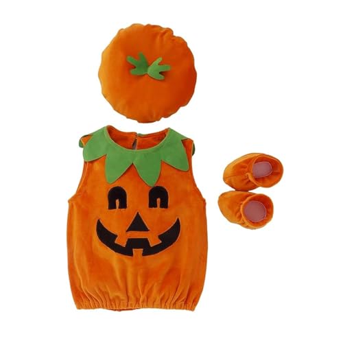 Nicoxijia Baby-Kürbis-Halloween-Kostüm, Body-Strampler, Oberteil mit Hut, lustiger Overall, Halloween, Cosplay, Outfits (B-Orange, 0-6 Monate) von Nicoxijia