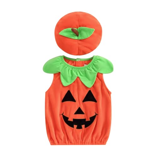 Nicoxijia Baby-Kürbis-Halloween-Kostüm, Body-Strampler, Oberteil mit Hut, lustiger Overall, Halloween, Cosplay, Outfits (C-Gelb, 6-12 Monate) von Nicoxijia
