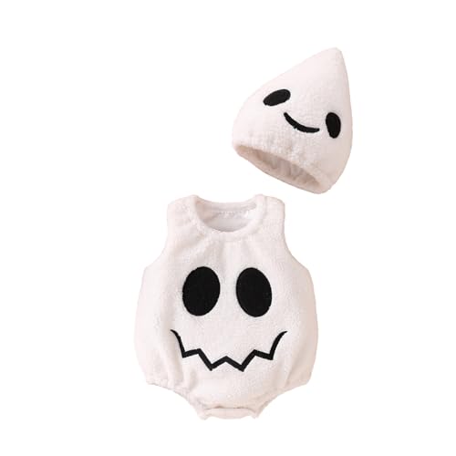 Nicoxijia Baby-Kürbis-Halloween-Kostüm, Body-Strampler, Oberteil mit Hut, lustiger Overall, Halloween, Cosplay, Outfits (F-Elfenbein, 12–18 Monate) von Nicoxijia