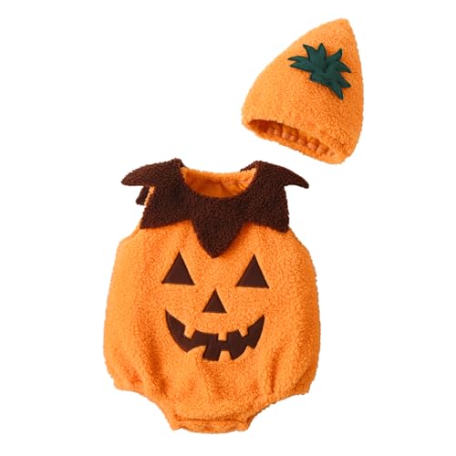Nicoxijia Baby-Kürbis-Halloween-Kostüm, Body-Strampler, Oberteil mit Hut, lustiger Overall, Halloween, Cosplay, Outfits (F-Orange, 12–18 Monate) von Nicoxijia