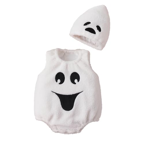 Nicoxijia Baby-Kürbis-Halloween-Kostüm, Body-Strampler, Oberteil mit Hut, lustiger Overall, Halloween, Cosplay, Outfits (F-Weiß, 0-3 Monate) von Nicoxijia