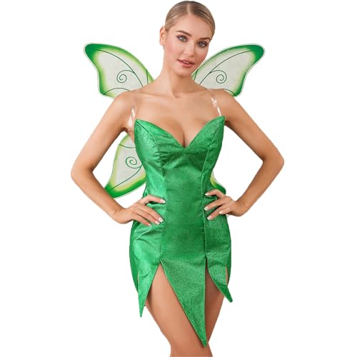Nicoxijia Damen Fee Tinker Bell Kostüm Cosplay Fancy Dress Up Minikleid mit Schmetterlingsflügeln Halloween Weihnachten Party (B-Grün Sparkly Pailletten Kleid mit Flügeln, L) von Nicoxijia
