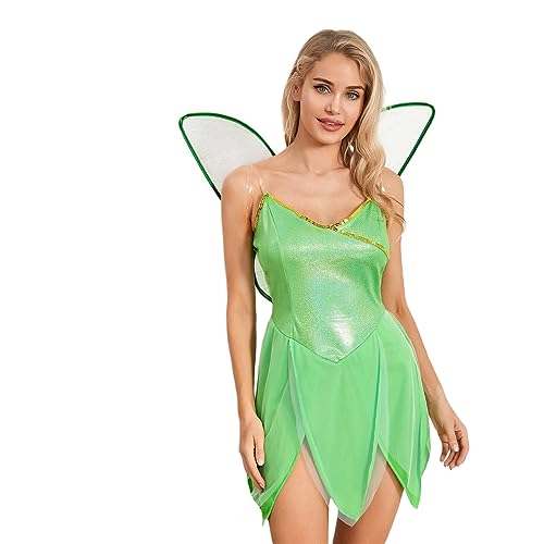 Nicoxijia Damen Fee Tinker Bell Kostüm Cosplay Fancy Dress Up Minikleid mit Schmetterlingsflügeln Halloween Weihnachten Party (D-Grünes Kleid mit Flügeln, S) von Nicoxijia