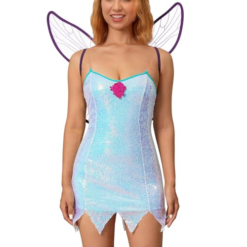 Nicoxijia Damen Fee Tinker Bell Kostüm Cosplay Fancy Dress Up Minikleid mit Schmetterlingsflügeln Halloween Weihnachten Party (E-Blue Sparkly Pailletten Kleid mit Flügeln, XL) von Nicoxijia