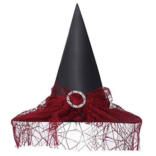 Nicoxijia Halloween Deluxe Hexenhut für Damen, Spinnen, Federn, Zauberermütze, Neuheit, Cosplay, Hüte für Halloween, Kostümparty, (C-Red, 39 x 35 cm) von Nicoxijia