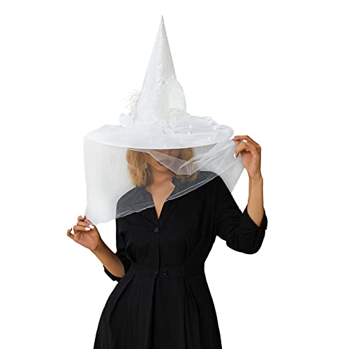 Nicoxijia Halloween Deluxe Hexenhut für Damen, Spinnen, Federn, Zauberermütze, Neuheit, Cosplay, Hüte für Halloween, Kostümparty (B-Weiß, 48 x 36 cm) von Nicoxijia