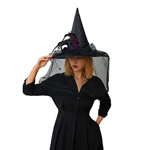 Nicoxijia Halloween Deluxe Hexenhut für Damen, Spinnen, Federn, Zauberermütze, Neuheit, Cosplay, Hüte für Halloween-Kostümparty (B-Schwarz, 48 x 36 cm) von Nicoxijia
