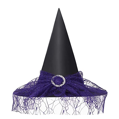 Nicoxijia Halloween Deluxe Hexenhut für Damen, Spinnen, Federn, Zauberermütze, Neuheit, Cosplay, Hüte für Halloween-Kostümparty (C-Lila, 39 x 35 cm) von Nicoxijia