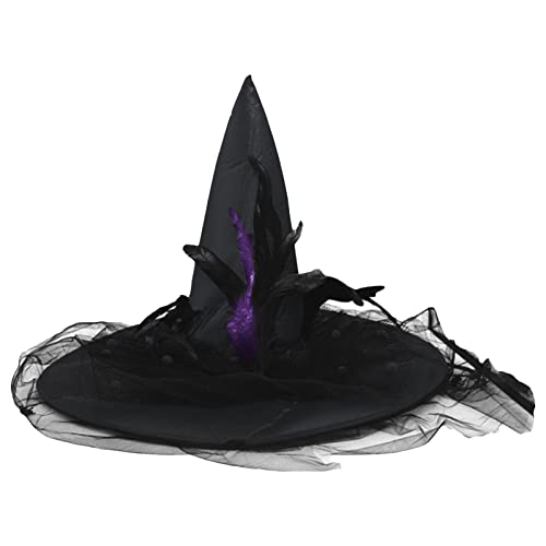 Nicoxijia Halloween Deluxe Hexenhut für Damen, Spinnen, Federn, Zauberermütze, Neuheit, Cosplay, Hüte für Halloween-Kostümparty (Schwarz, 50 x 40 cm) von Nicoxijia