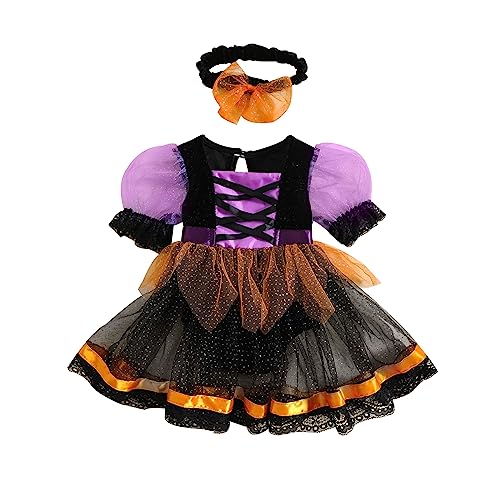 Nicoxijia - Hexenkostüm für Neugeborene, Halloween, Puffärmel, Tüll, Kleid, Spitze, Tutu, Rock, Party-Outfits (Schwarz, Lila, 12–18 Monate) von Nicoxijia