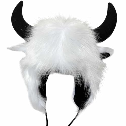 Nidddiv Piloten Büffelmütze mit Hörnern, pelziger Ohrenschützer, Wintermütze, Büffelgesicht, flauschige Ohrbedeckung, Ohrenklappenmütze Kostüm Erwachsene (White, One Size) von Nidddiv