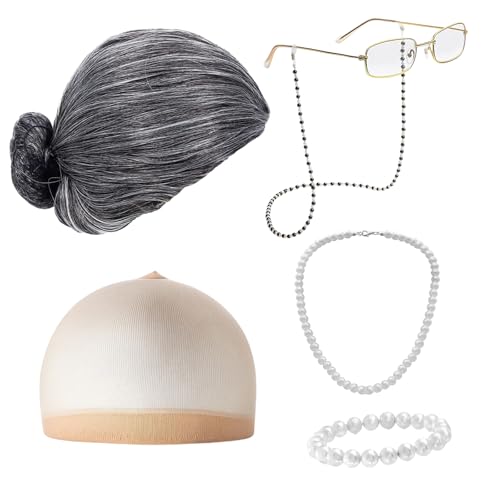 5 Stück Old Lady Kostüm Großmutter Cosplay Zubehör Set Oma Perücke Perücke Kappe Oma Brille Brillen Ketten Armband Perlenkette, Alte Dame Cosplay Set Kostümzubehör von NieYat