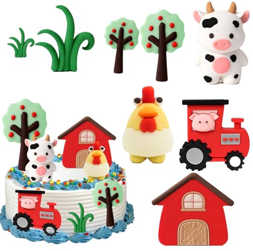 Bauernhof Geburtstag Deko, 8-teiliges Set für Torten, Tortendeko Traktor, Bauernhof Tiere, Kuchen Deko Geburtstag, Tortenaufleger Traktor, DIY Farm Party von NieYat