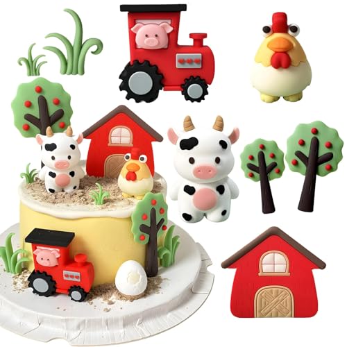 Bauernhof Geburtstag Deko, Nicht Essbare Kuchendekorationen, Tortendeko Bauernhof Set Mit Zug, Huhn, Kuh, Haus Und Bäumen, Ideal Für Kindergeburtstage Und Babypartys von NieYat
