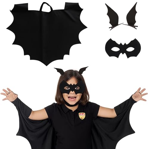 Fledermaus Kostüm Kinder, Halloween Kostüm Kinder?Fledermausflügel Vampir,3 Stück Set mit Umhang, Maske und Haarspange, Vampir Kostüm für Jungen und Mädchen, Halloween Karneval Fasching Mottoparty von NieYat