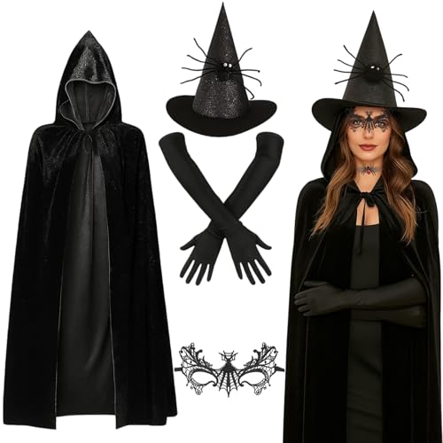 NieYat Hexenkostüm Damen, 4-teiliges Set für Halloween-Partys, Kostümball und Mottoparty, Inklusive Hexenhut, Umhang, Handschuhe und Maske von NieYat