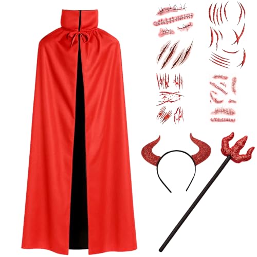 Halloween Umhang Set für Damen, Teufel Kostüm, Halloween Teufel kostüm herren mit Hörner Haarreif und Narbe Tattoo Aufkleber, Schwarzer und Roter Umhang für Halloween Party von NieYat