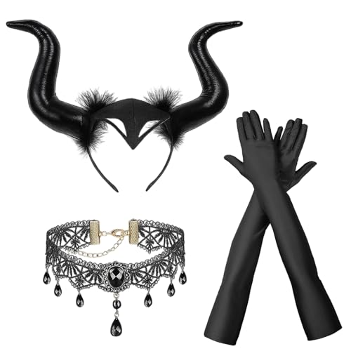 NieYat 3 Stück Königin Hörner Kopfschmuck Horn Kopfbedeckung Damen Halloween Haareif mit Gothic Retro Spitzenhalskette Straßenkarneval Kostüm Böse Stirnband Cosplay Haarband für Karneval Maskerade von NieYat