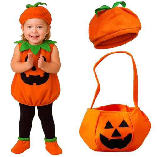 NieYat 4 Stück Set Kürbis Kostüm Kinder, Halloween Kostüm Kinder Baby mit Kürbis Hut und Halloween Süssigkeiten Beutel, für Cosplay Fasching Karneval Party 3-8 Jahr NieYat 4 Stück Set Kürbis Kostüm Kinder, Halloween Kostüm Kinder Baby mit Kürbis Hut und Halloween Süssigkeiten Beutel, für Cosplay Fasching Karneval Party 3-8 Jahr von NieYat