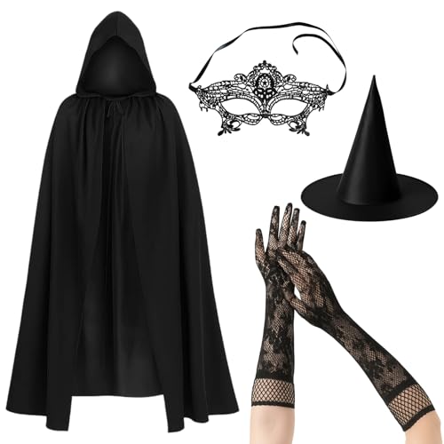 NieYat Hexenkostüm Damen, 4 Stücks Hexenkostüm Für Halloween Und Karneval, Hexenhut Mit Augenbinde Und Handschuhen, Für Halloween Kostüm,Gothic Kleidung, Mottopartys Und Theate von NieYat
