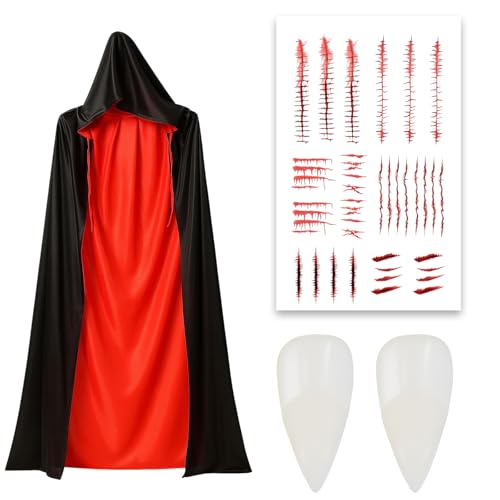NieYat 4 Stück Set Vampir Kostüm Kinder, Vampir Kostüm mit 150cm Vampirumhang Temporäre Tattoos und Dentures, Halloween Cape Vampi Kinder für Halloween Cosplay Masquerade Party Kostüm NieYat 4 Stück Set Vampir Kostüm Kinder, Vampir Kostüm mit 150cm Vampirumhang Temporäre Tattoos und Dentures, Halloween Cape Vampi Kinder für Halloween Cosplay Masquerade Party Kostüm von NieYat