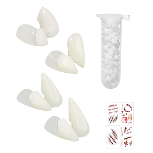 Vampir Zähne, Halloween Vampire Teeth,9-teiliges Set für Erwachsene mit 4 verschiedenen Größen, 4 Tattoos und Zahnkleber, Ideal für Halloween Partys und Cosplay-Events von NieYat