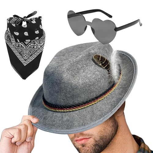 Niesel Bayerischer Hut – 1 Set Fedora Oktoberfest Hut mit Kopftuch, Brille | Vlies Erwachsene Deutsch Alpin Bayerischer Hut für Erwachsene Cosplay von Niesel