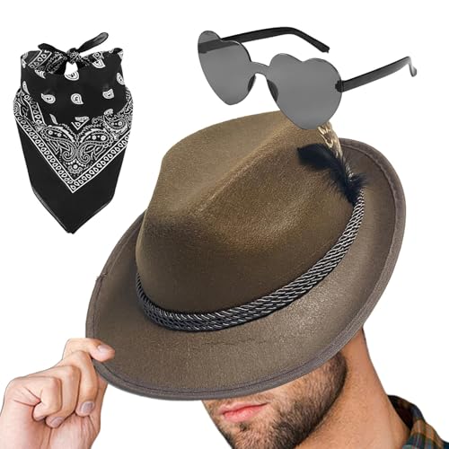 Niesel Deutsche Hüte für Oktoberfest, Fedora Oktoberfest Hut 1Set mit Kopftuch Brille Kunstleder Vlies Erwachsene Deutsche Bayerische Mütze für Erwachsene Cosplay von Niesel
