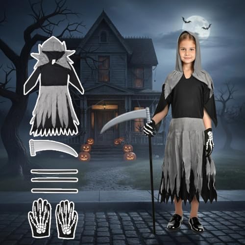 Halloween-Kostüme für Kinder, Mädchen, 5–12 Jahre, Skelett-Tutu-Kostüm, gruseliges Halloween-Kostüm für Verkleidungsparty, Cosplay, Geburtstag, Event, Geschenk (L(10–12 Jahre) – Sensenmann) von Niest