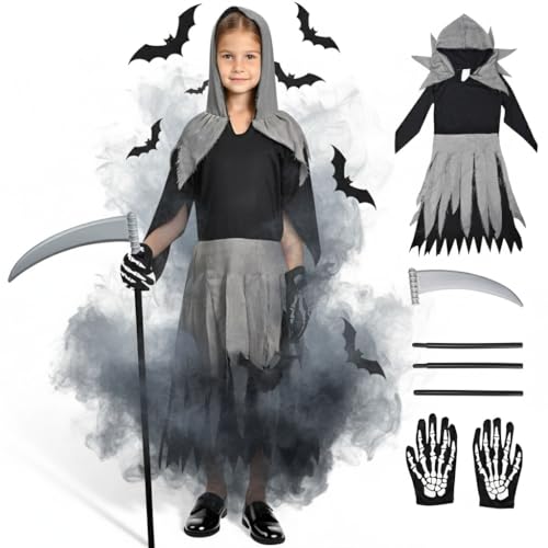 Halloween-Kostüme für Kinder, Mädchen, 5–12 Jahre, Skelett-Tutu-Kostüm, gruseliges Halloween-Kostüm für Verkleidungsparty, Cosplay, Geburtstag, Event, Geschenk (S (5–6 Jahre) - Sensenmann) von Niest