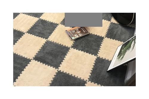 Puzzle Shaggy Teppich Weiche Plüsch-Kindermatte, Spielmatte, Eva-Schaum, Puzzle-Teppich im Kinderzimmer, warm halten, 30 x 30 x 1 cm Für Wohnzimmer/Schlafzimmer(Grey-Khaki) von NihaoWXM