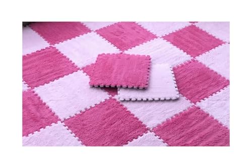 Puzzle Shaggy Teppich Weiche Plüsch-Kindermatte, Spielmatte, Eva-Schaum, Puzzle-Teppich im Kinderzimmer, warm halten, 30 x 30 x 1 cm Für Wohnzimmer/Schlafzimmer(Pink-Rose Red) von NihaoWXM