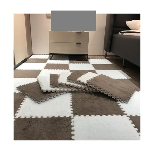 Puzzle Shaggy Teppich Weiche Plüsch-Kindermatte, Spielmatte, Eva-Schaum, Puzzle-Teppich im Kinderzimmer, warm halten, 30 x 30 x 1 cm Für Wohnzimmer/Schlafzimmer(White-Brown) von NihaoWXM