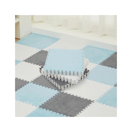 Puzzle Shaggy Teppich Weiche Plüsch-Spielmatte, Puzzle-Teppich im Kinderzimmer, ineinandergreifender Übungs-Bodenteppich, Spielmatte, ca. 30 x 30 x 1 cm Für Wohnzimmer/Schlafzimmer(White-Blue-Grey) von NihaoWXM
