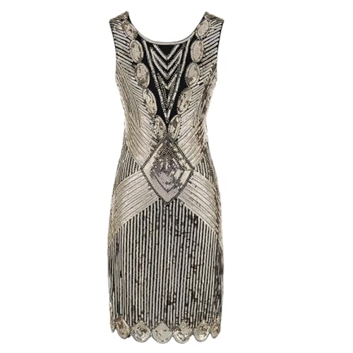 Niiyyjj 1920er Jahre Flapper-Kostüm für Damen, Fransen, Pailletten, Perlen, Art-Deco, V-Ausschnitt, ärmelloses Kleid, Gold, Set S von Niiyyjj