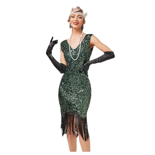 Niiyyjj Übergröße 1920er Jahre lange Fransen Pailletten Perlen Flapper Kleider 20er Jahre Art Deco Vintage Damenkleid schwarz EN8 Kleid M von Niiyyjj