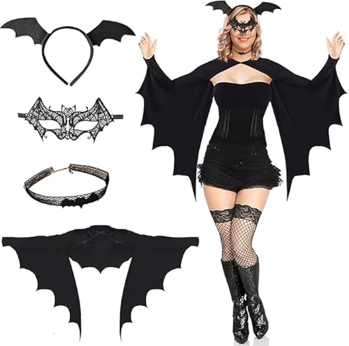 Nilioyul Fledermaus Kostüm Damen Schwarz Fledermaus Kostüm Umhang Mit Maske, Haarreif, Halskette Set Karneval Kostüm Teufel Erwachsene Vampire Halloween Party Outfit für Fasching Cosplay von Nilioyul