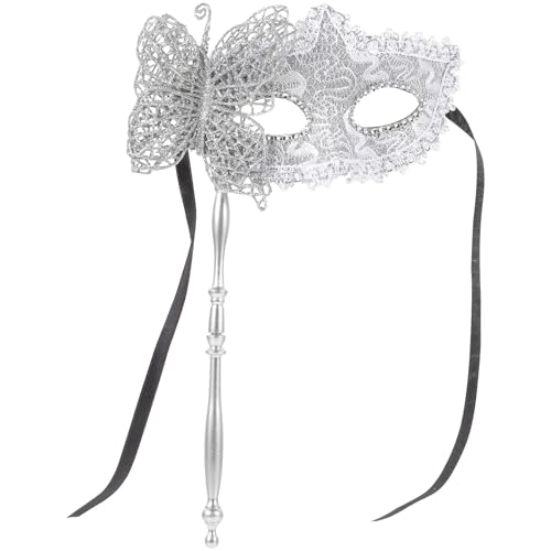 Handheld-Drachen-Muster-Maske, Drachen-Muster-Design mit Stab, seitlicher Schmetterling, silberner Stil, perfekt für Cosplay/Party/Versammlungen, Handdrache – Muster, Maskerade Maske, Seite Butterf von Niltracy