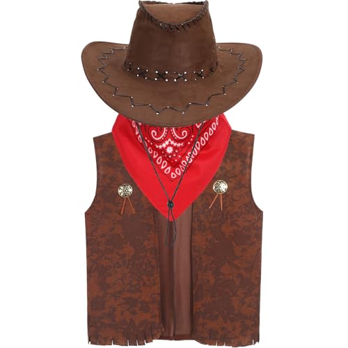Karneval Cosplay Kostüm, Western Cowboy Themed 3-teiliges Set mit Cowboyhut, Weste & Bandana (Einheitsgröße für Erwachsene Männer), perfekt für Maskerade Partys & Cosplay Events, Karneval Cosplay von Niltracy