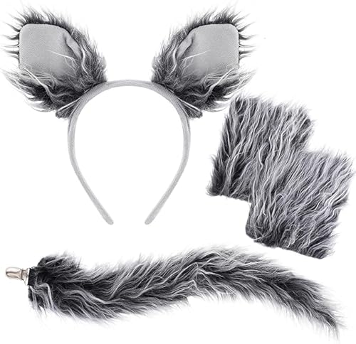 Niltracy Wolfskostüm-Set, graue Wolfsohren, Stirnband, Handschuhe und Schwänze, für Halloween, Verkleidungszubehör-Set Niltracy Wolfskostüm-Set, graue Wolfsohren, Stirnband, Handschuhe und Schwänze, für Halloween, Verkleidungszubehör-Set von Niltracy