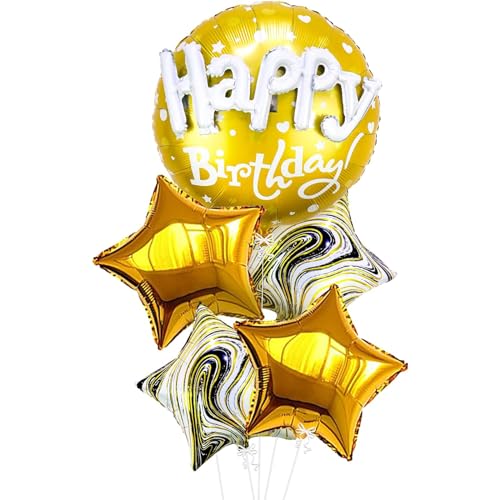Nine San 5 Stück Gold Happy Birthday Folienballon 3D Rund Golden Geburtstag Luftballon Goldene Black Star Foil Balloons Party Deko von Nine San