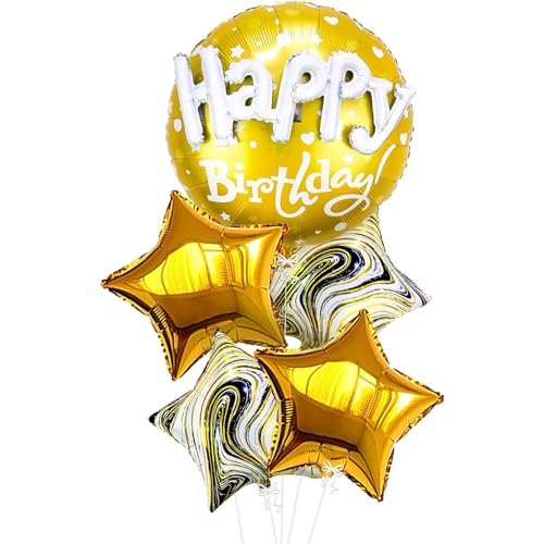 Nine San 5 Stück Gold Happy Birthday Folienballon 3D Rund Golden Geburtstag Luftballon Goldene Black Star Foil Balloons Party Deko von Nine san