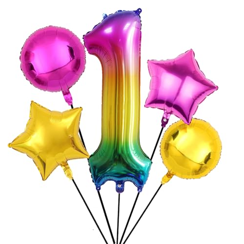 Nine San 5 Stück Regenbogen Zahl 1 Luftballons Set 100CM Giant Rainbow Zahlen 1 Folienballon Number Mylar Helium Zahlenluftballons Geburtstag Party Deko von Nine San